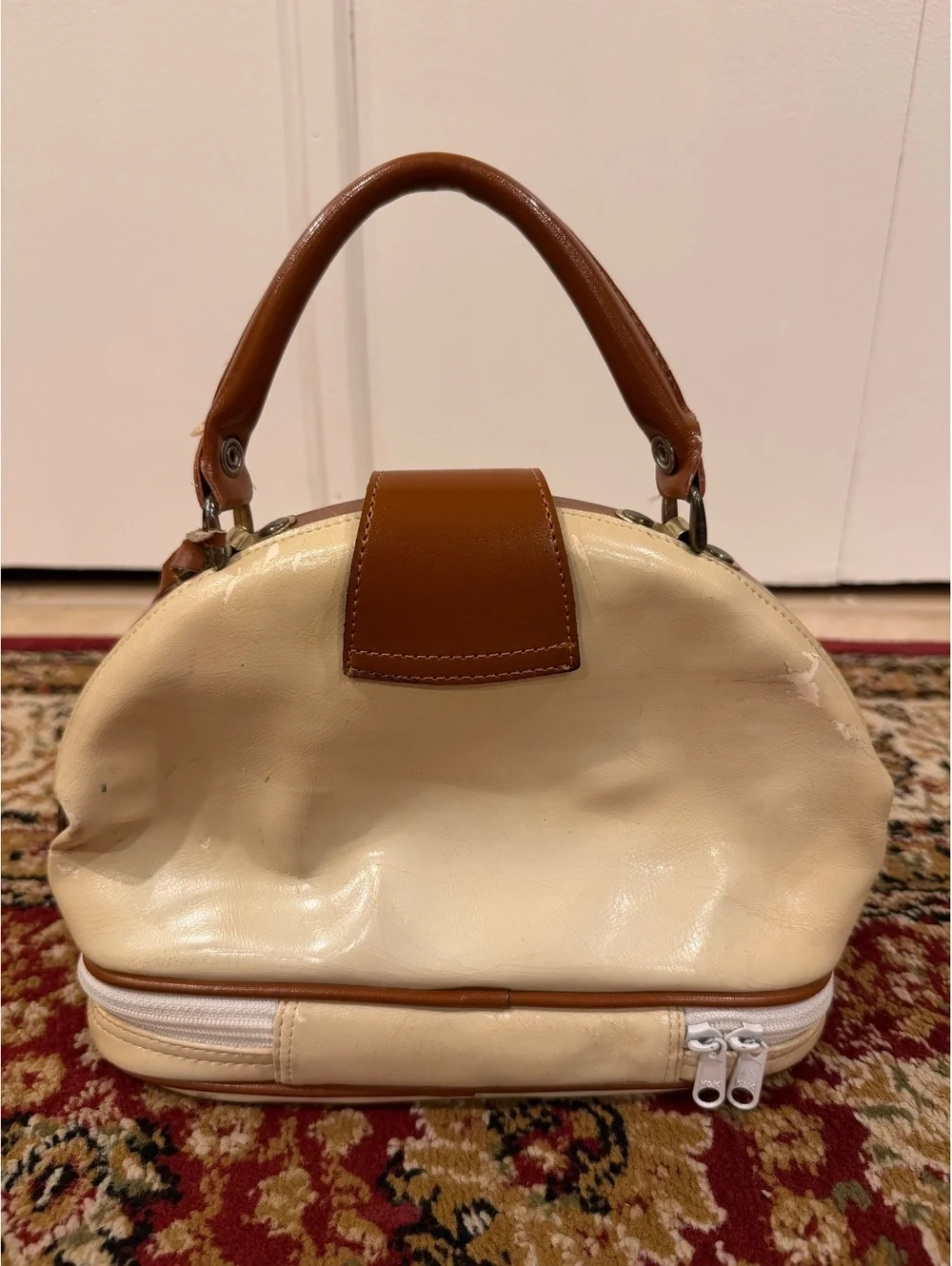 Dooney & Bourke Vintage Cream and Brown Leather Cosmetic Bag